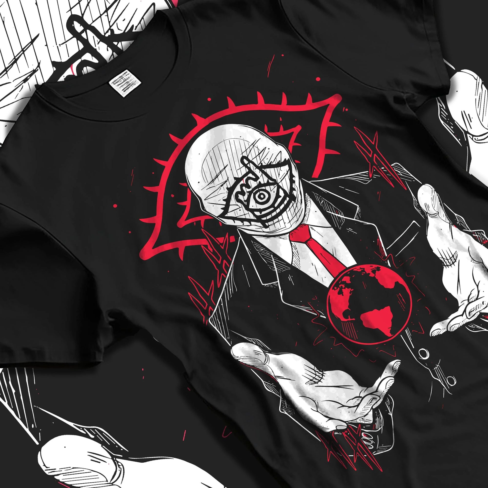 Black T-shirt laid flat with natural folds, featuring Friend 20th Century Boys symbolic motif styled as vaporwave retro inspired anime graphic.