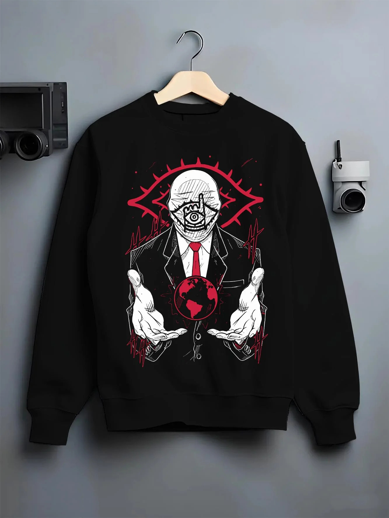 Black crewneck sweatshirt on hanger featuring Friend 20th Century Boys cult leader emblem with cult classic poster style anime streetwear artwork.