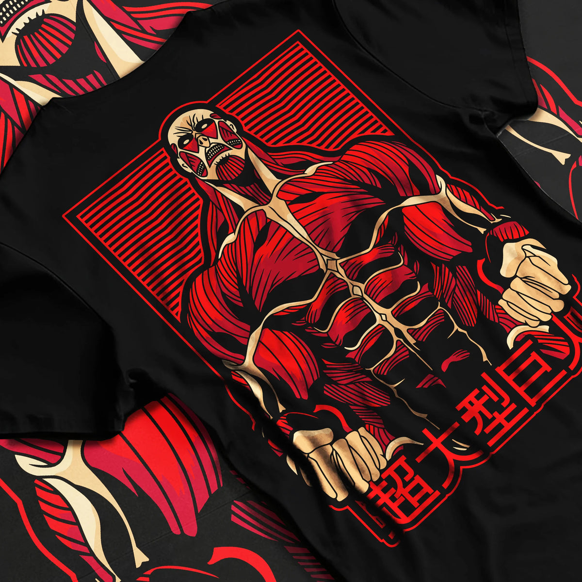 Black T-shirt flat back view showing Colossal Titan from Attack on Titan: transformation portrait