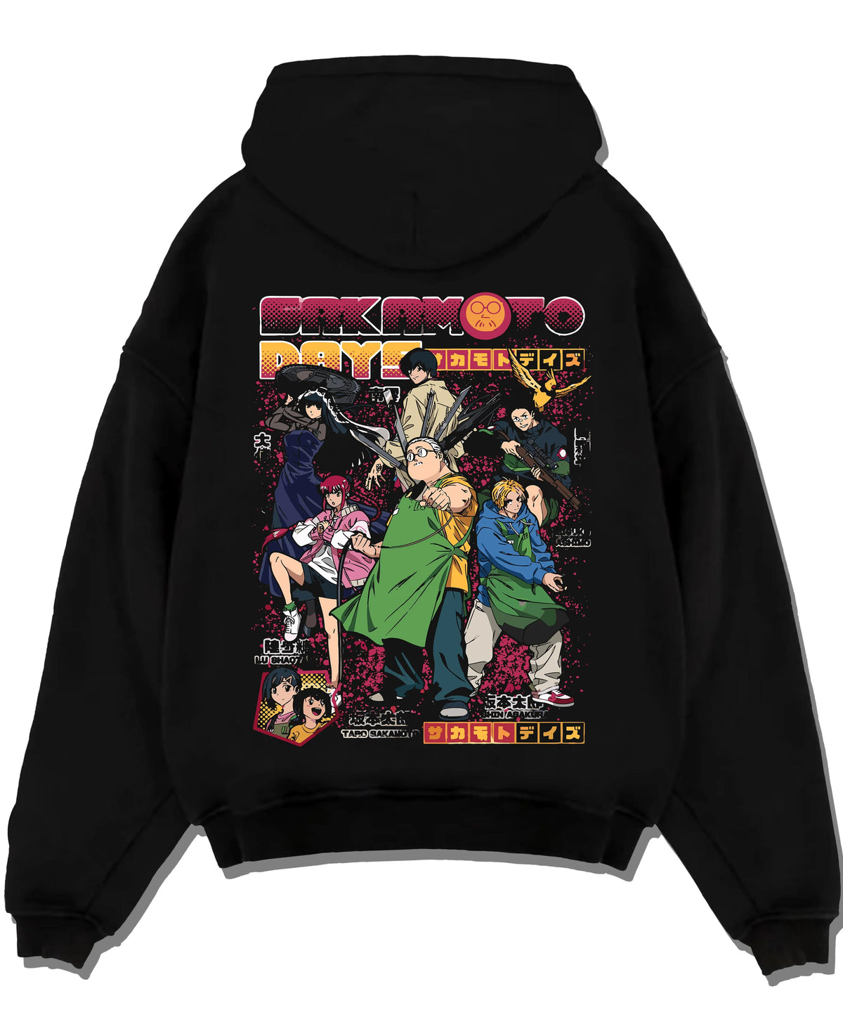 Black hoodie laid flat featuring Sakamoto Days cast group action artwork.