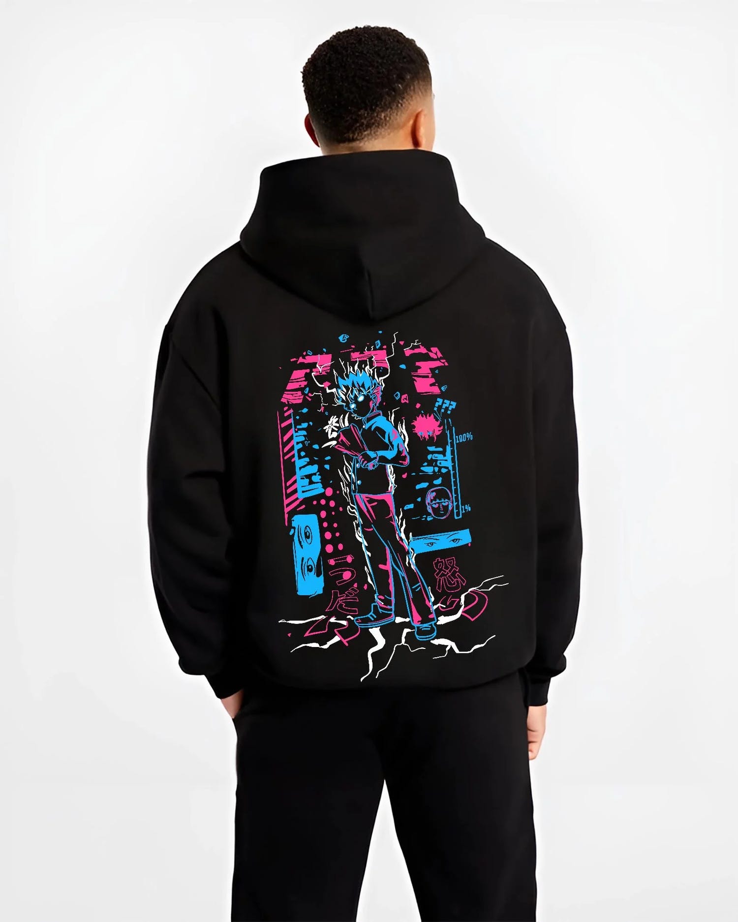 Black hoodie worn by male model, back view with Jujutsu Kaisen Hoodie Yuji Itadori Battle Jumper graphic premium wear.