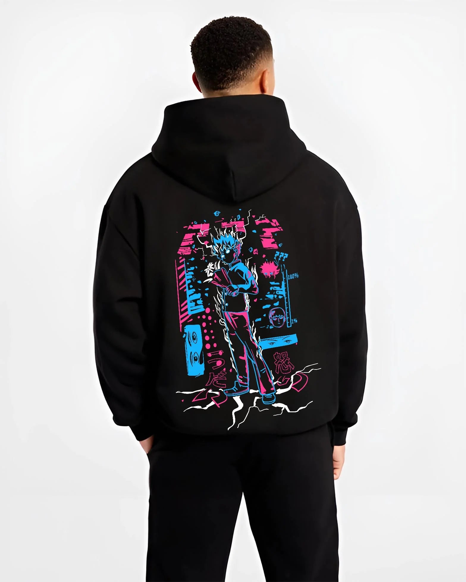 Black hoodie worn by male model, back view with Jujutsu Kaisen Hoodie Yuji Itadori Battle Jumper graphic premium wear.