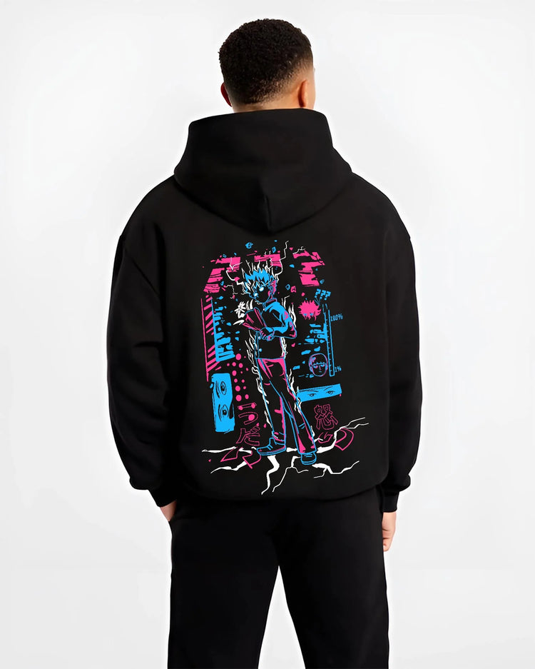 Black hoodie worn by male model, back view with Jujutsu Kaisen Hoodie Yuji Itadori Battle Jumper graphic premium wear.