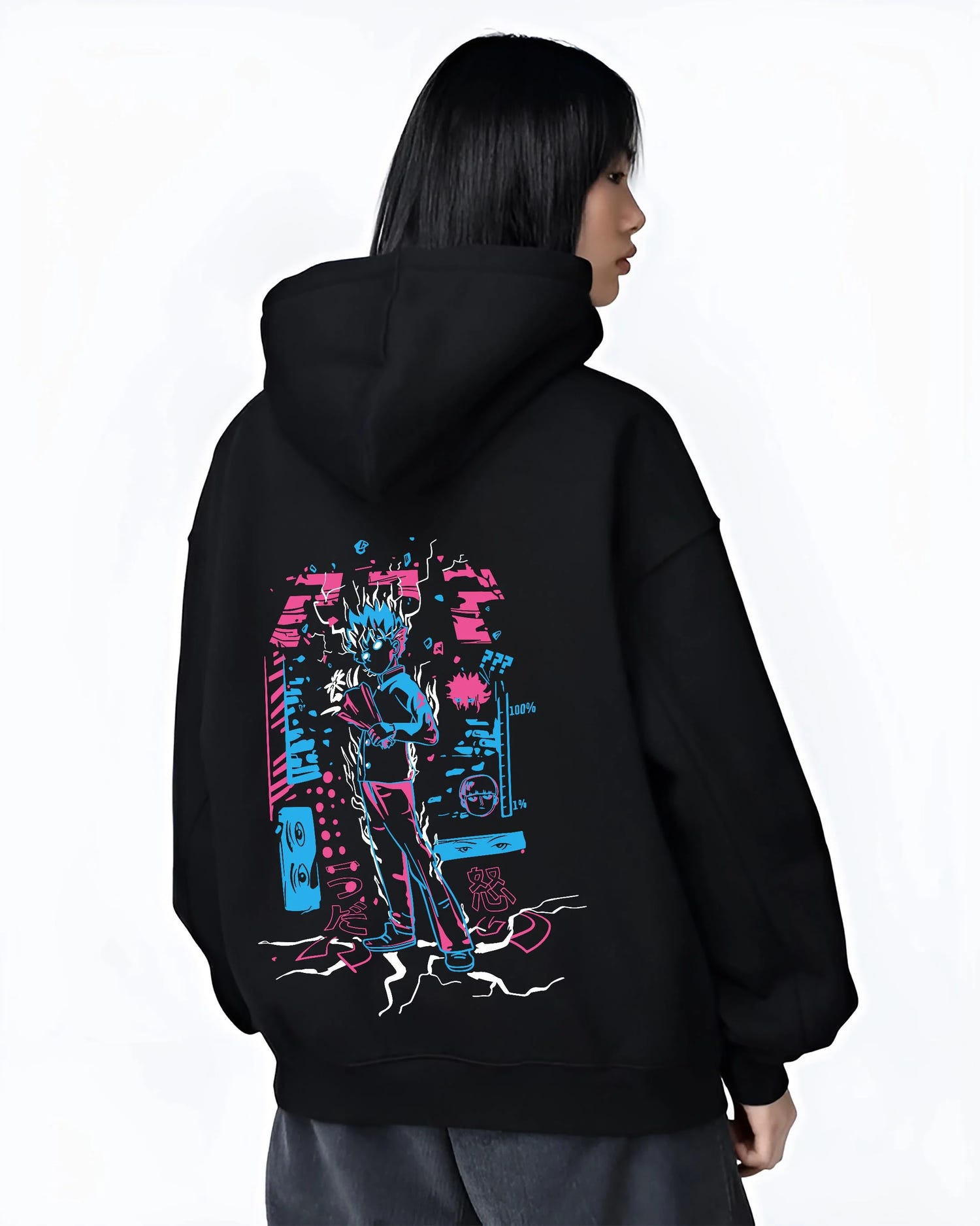 Black hoodie worn by female model, back view with Jujutsu Kaisen Hoodie Yuji Itadori Battle Jumper graphic streetwear graphic.