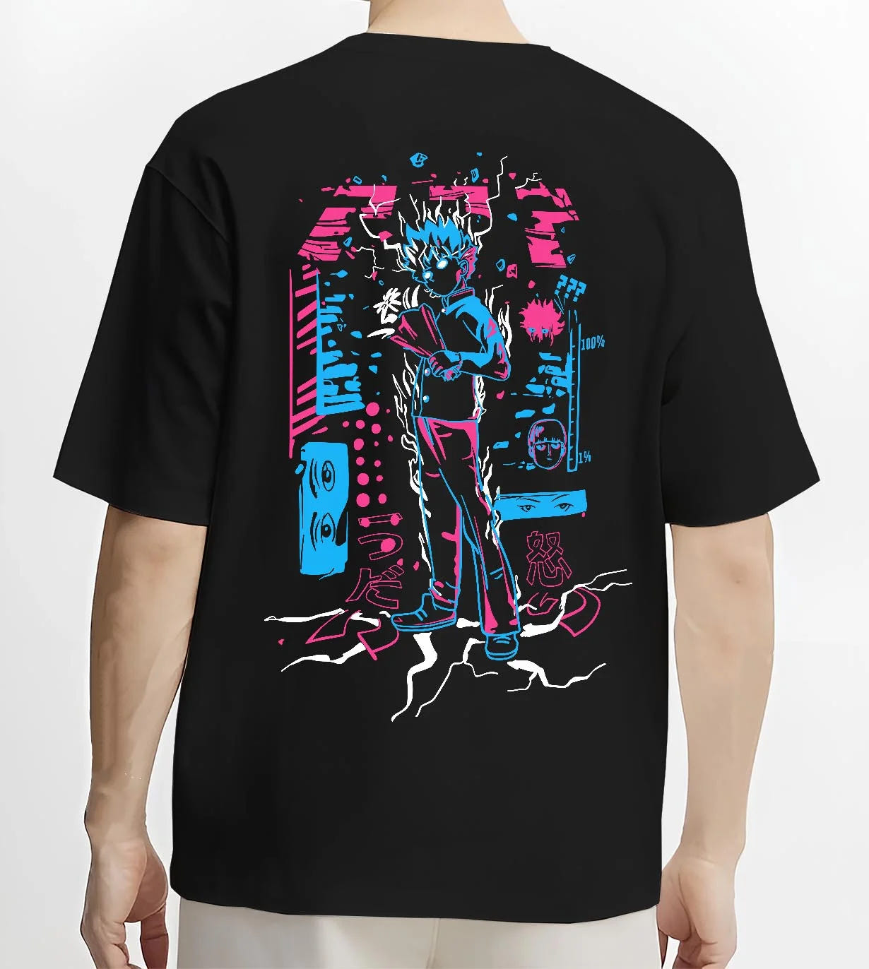 Black T-shirt worn by male model, back view with Jujutsu Kaisen Hoodie Yuji Itadori Battle Jumper graphic bold anime graphic.