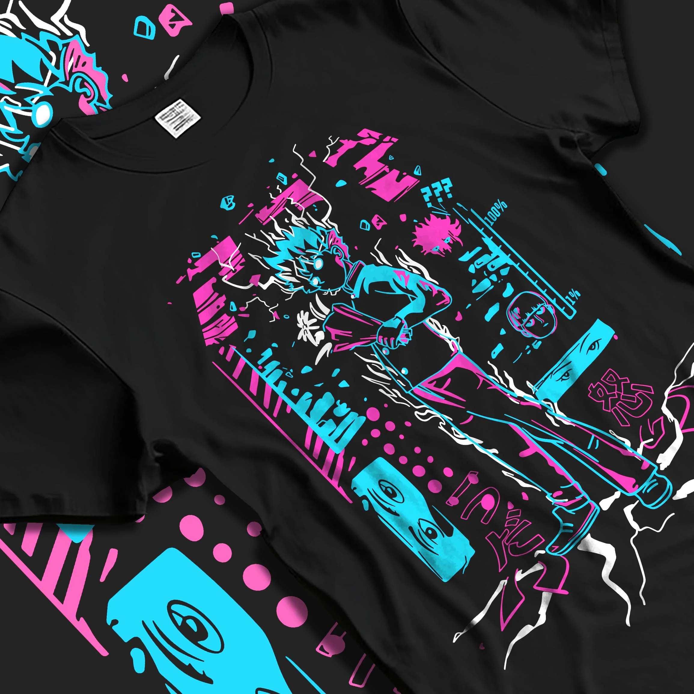 Black T-shirt laid flat with natural folds with Jujutsu Kaisen Hoodie Yuji Itadori Battle Jumper graphic bold anime graphic.