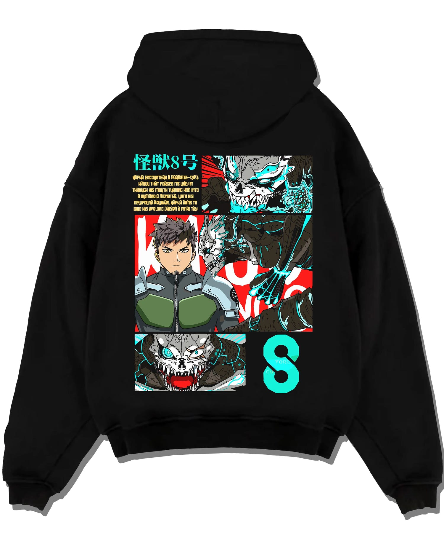 Black pullover hoodie laid flat with Kaiju No. 8 Hoodie Kafka Hibino Defence Unit Jumper graphic bold anime graphic.