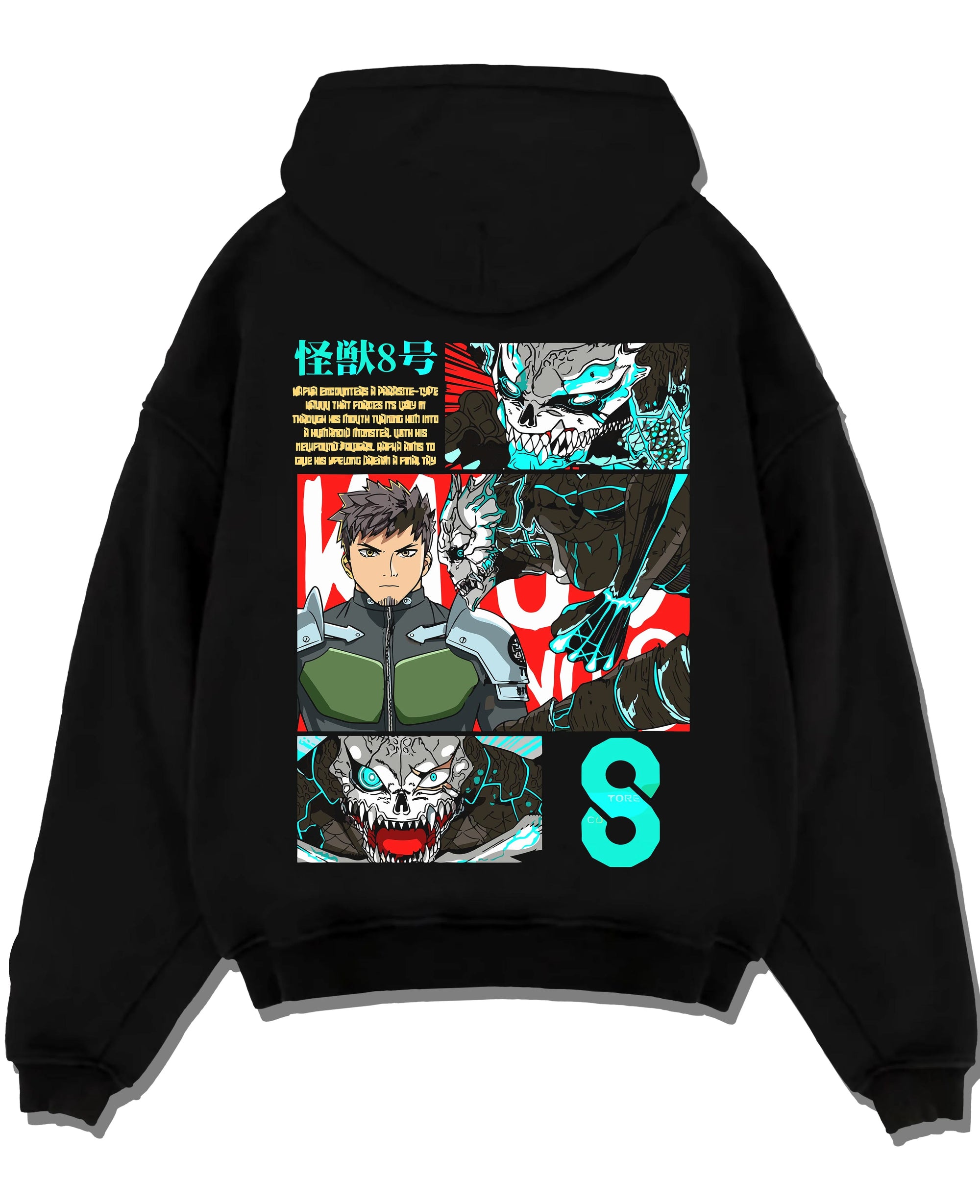 Black pullover hoodie laid flat with Kaiju No. 8 Hoodie Kafka Hibino Defence Unit Jumper graphic bold anime graphic.