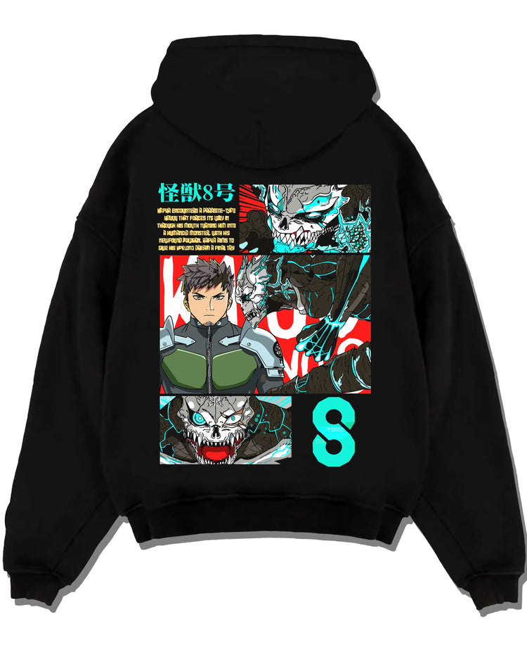 Black pullover hoodie laid flat with Kaiju No. 8 Hoodie Kafka Hibino Defence Unit Jumper graphic bold anime graphic.