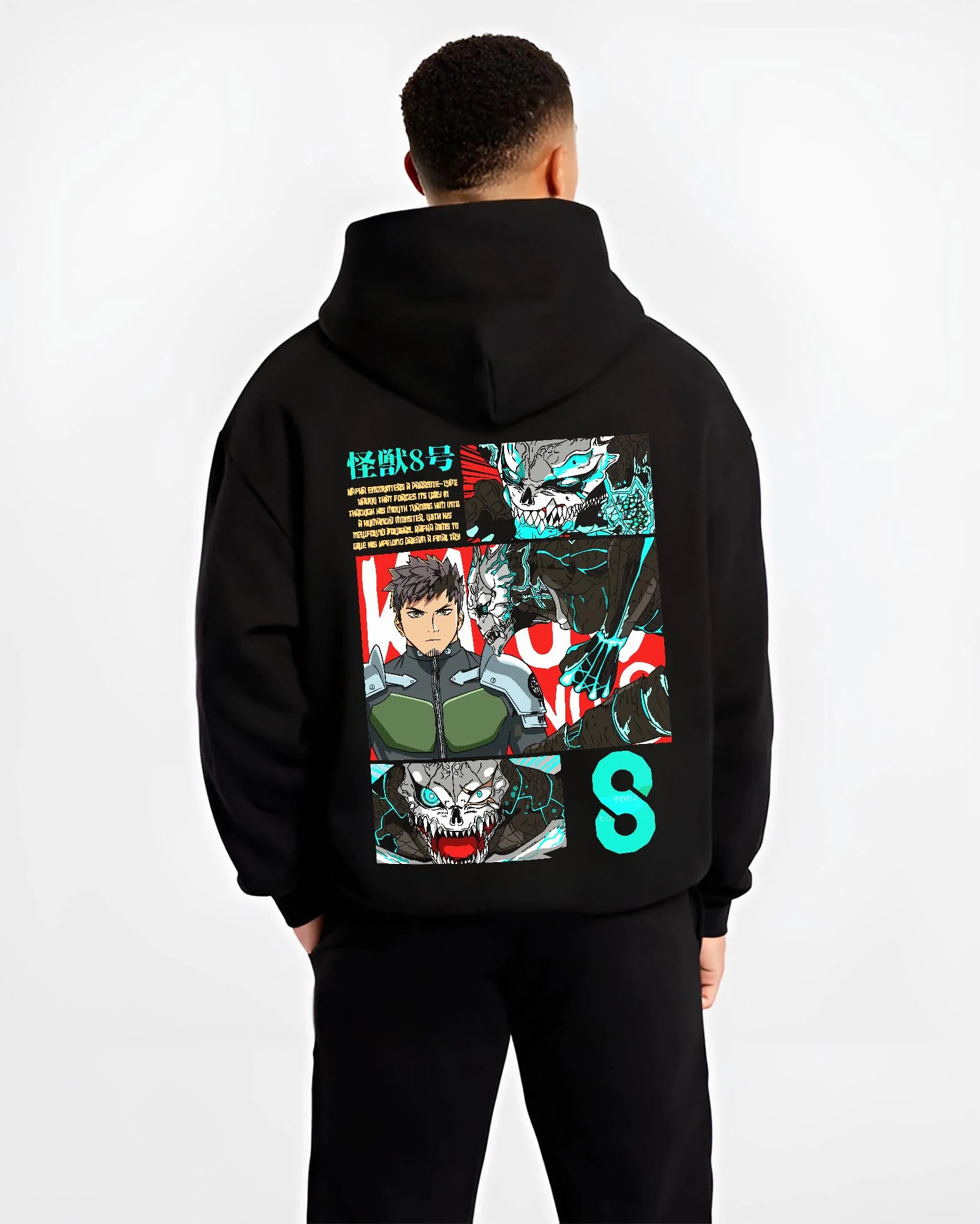 Black hoodie worn by male model, back view with Kaiju No. 8 Hoodie Kafka Hibino Defence Unit Jumper graphic streetwear graphic.