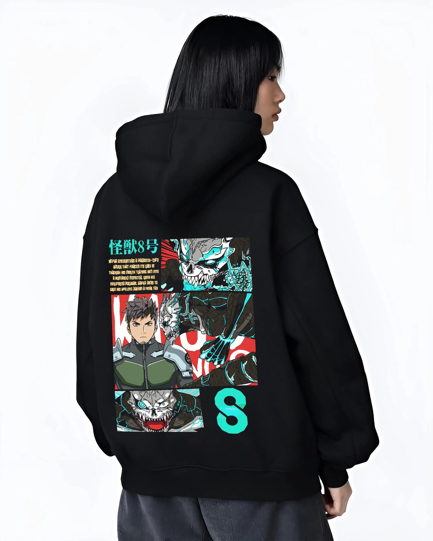 Black hoodie worn by female model, back view with Kaiju No. 8 Hoodie Kafka Hibino Defence Unit Jumper graphic bold anime graphic.