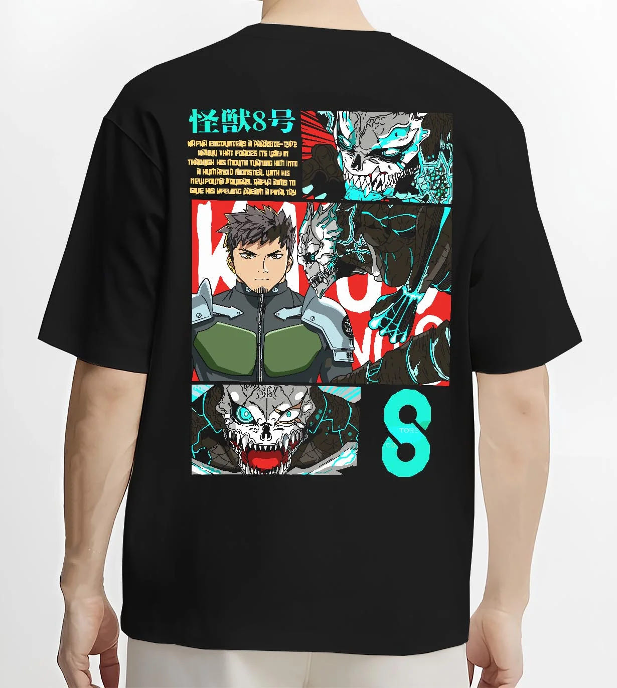 Black T-shirt worn by male model, back view with Kaiju No. 8 Hoodie Kafka Hibino Defence Unit Jumper graphic premium wear.