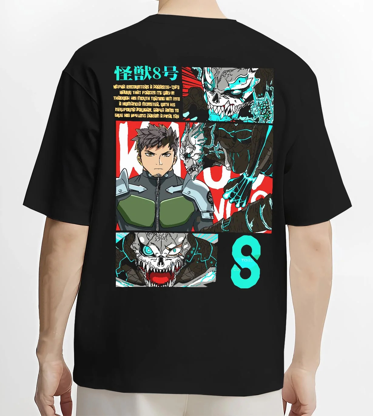 Black T-shirt worn by male model, back view with Kaiju No. 8 Hoodie Kafka Hibino Defence Unit Jumper graphic premium wear.
