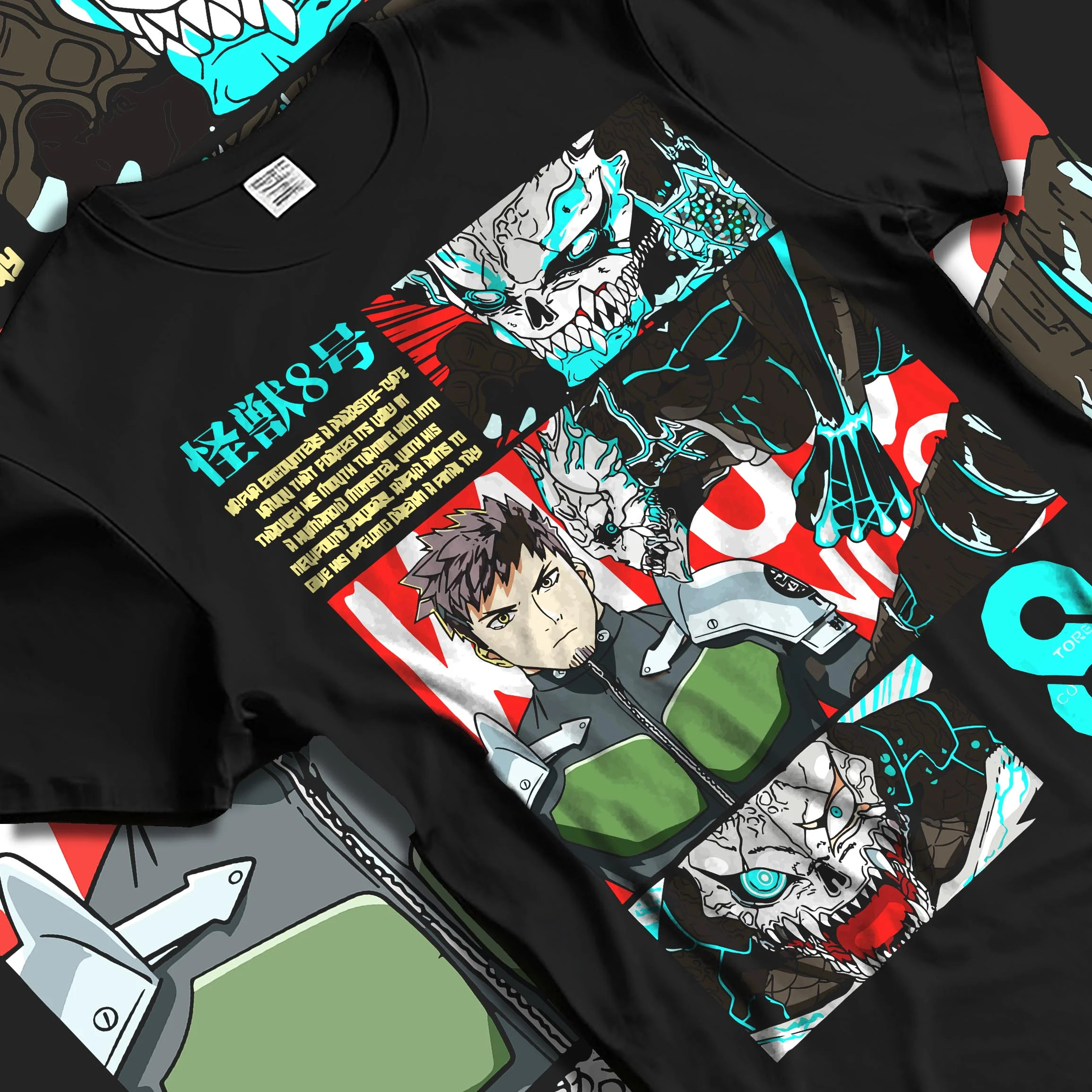 Black T-shirt laid flat with natural folds with Kaiju No. 8 Hoodie Kafka Hibino Defence Unit Jumper graphic streetwear graphic.