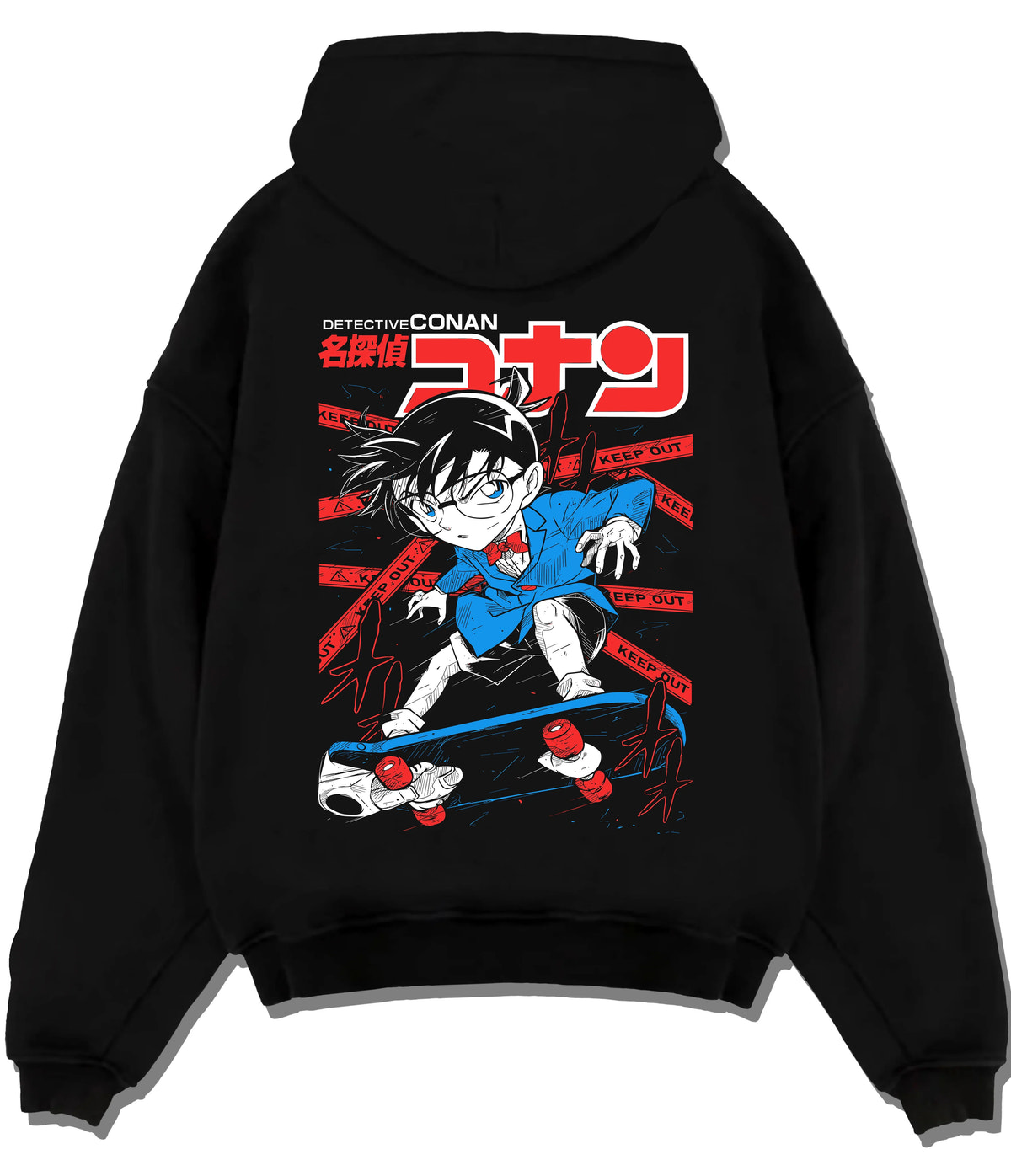 Black hoodie flat back view with Conan Edogawa from Detective Conan illustrated back graphic