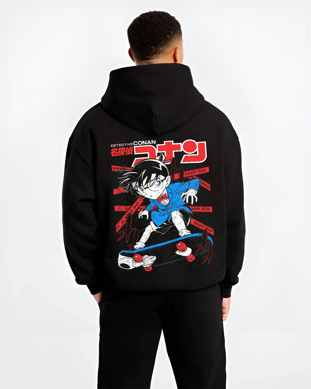 Black hoodie model back view with Conan Edogawa from Detective Conan illustrated back graphic