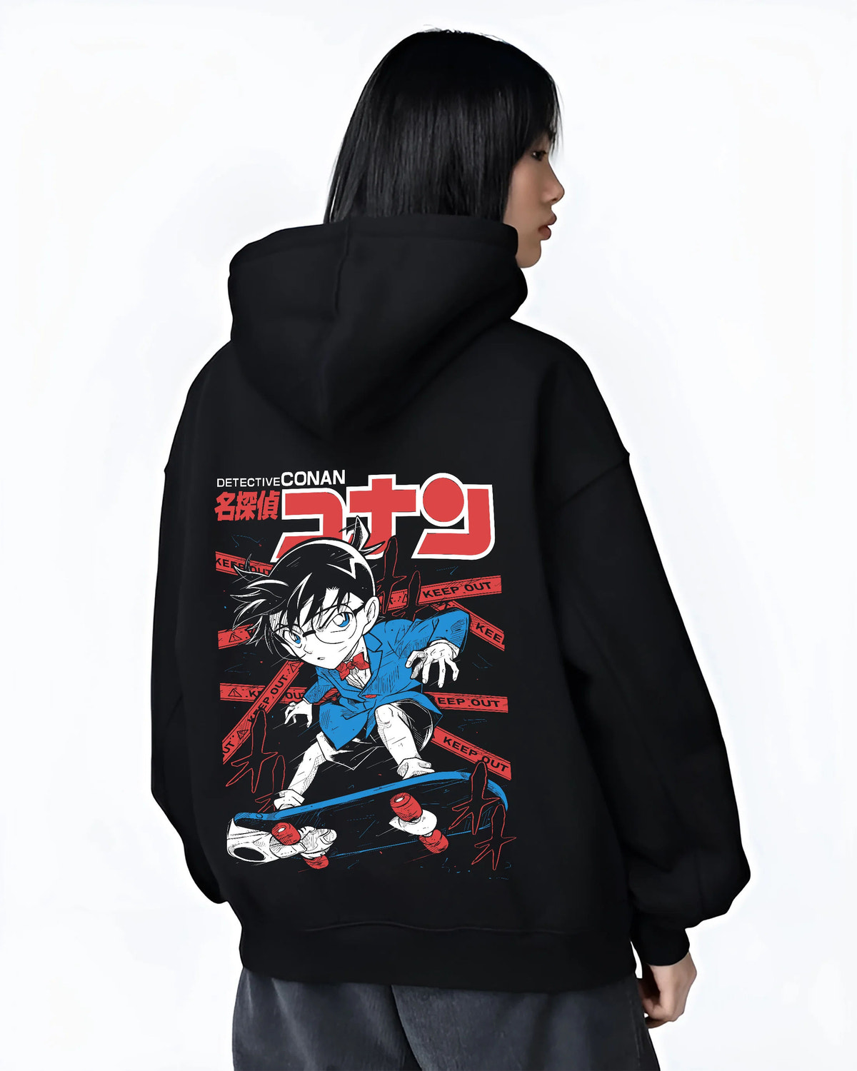 Black hoodie female model back view with Conan Edogawa from Detective Conan illustrated back graphic