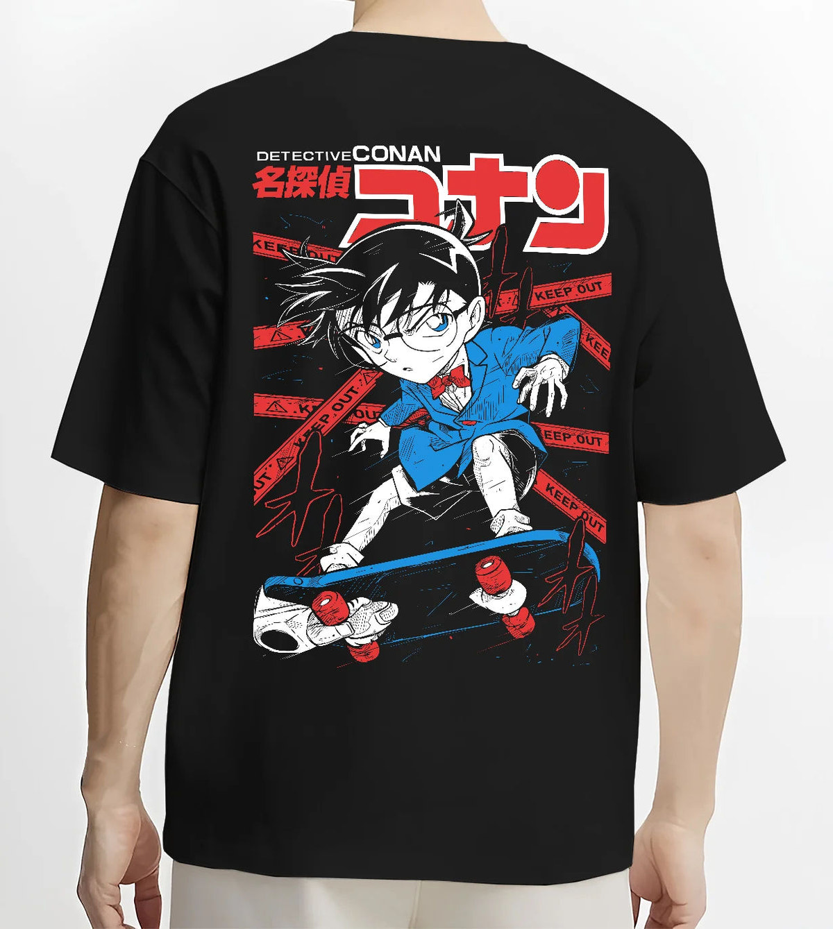 Black T-shirt model back view with Conan Edogawa from Detective Conan illustrated back graphic