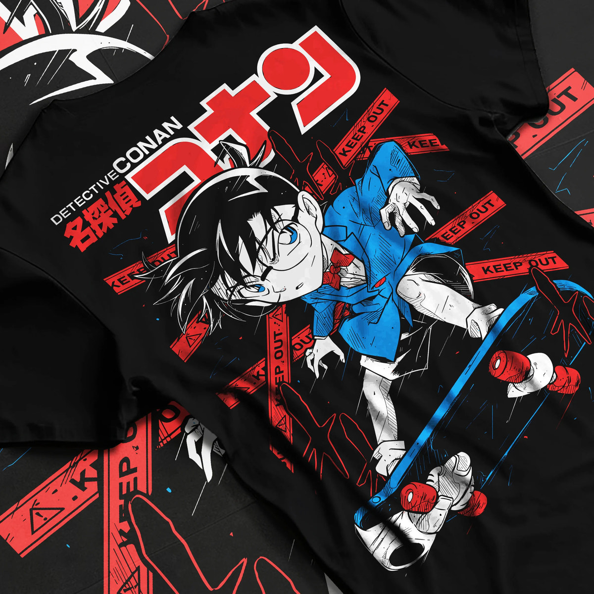 Black T-shirt flat back view with Conan Edogawa from Detective Conan illustrated back graphic