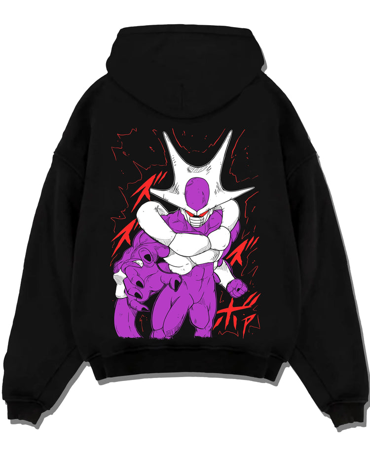 Black pullover hoodie laid flat with Cooler Hoodie Dragon Ball Z Villain Transformation graphic Cooler anime design.