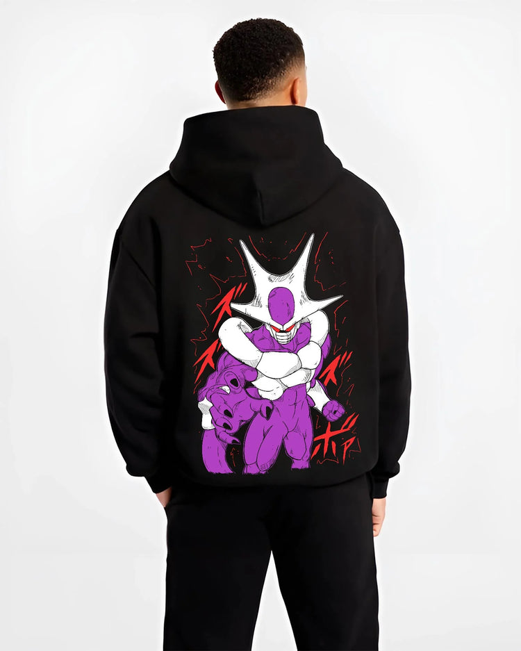 Black hoodie worn by male model, back view with Cooler Hoodie Dragon Ball Z Villain Transformation graphic premium wear.