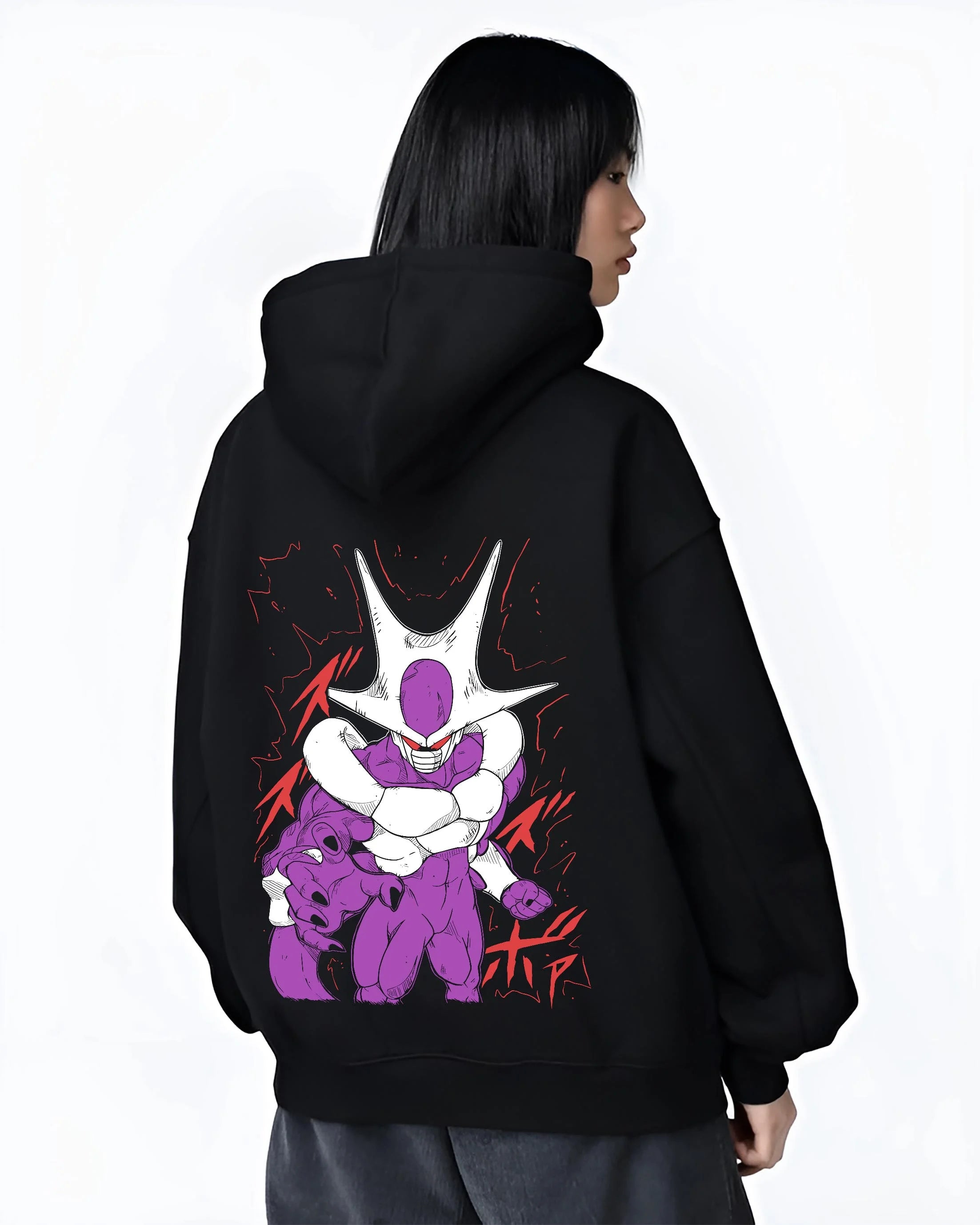 Black hoodie worn by female model, back view with Cooler Hoodie Dragon Ball Z Villain Transformation graphic streetwear graphic.