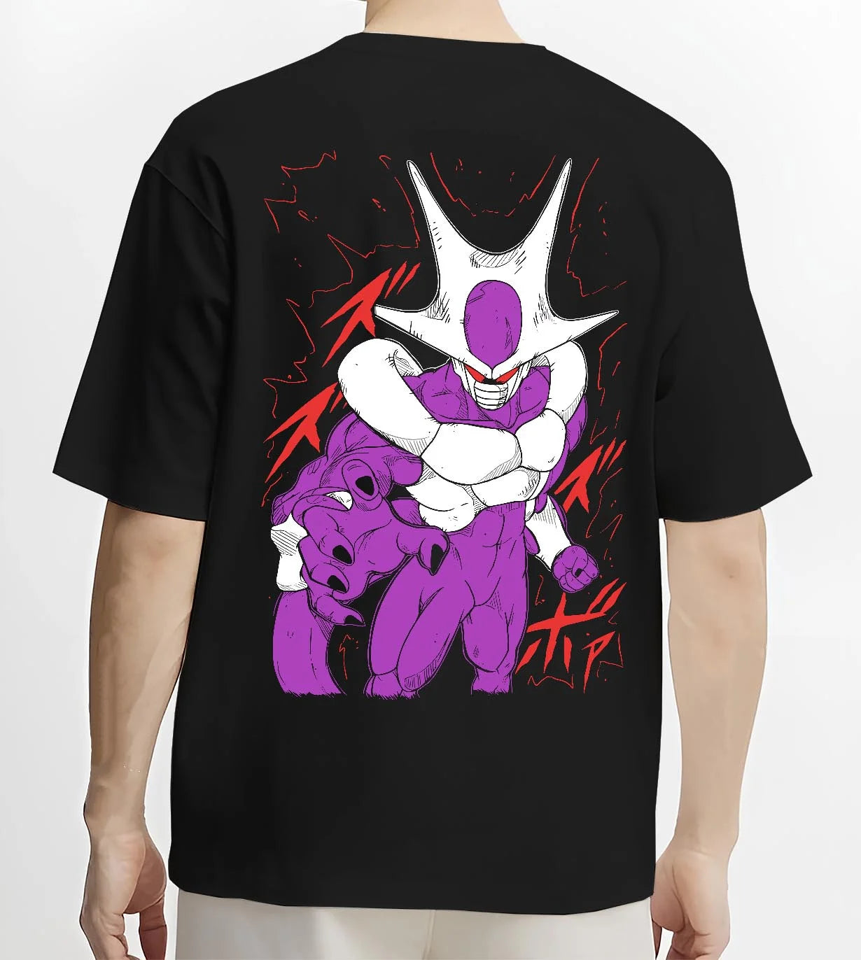 Black T-shirt worn by male model, back view with Cooler Hoodie Dragon Ball Z Villain Transformation graphic Cooler anime design.