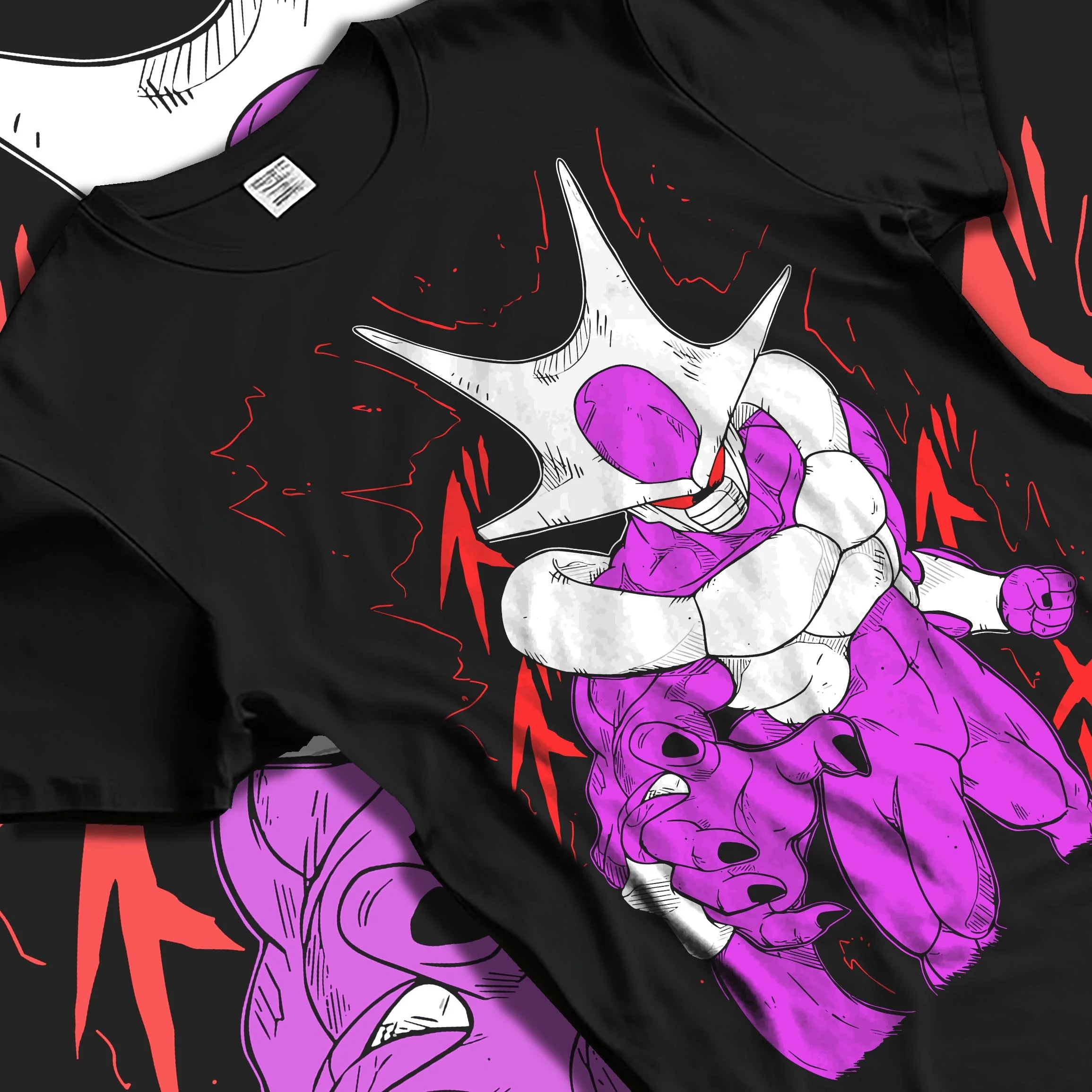 Black T-shirt laid flat with natural folds with Cooler Hoodie Dragon Ball Z Villain Transformation graphic streetwear graphic.