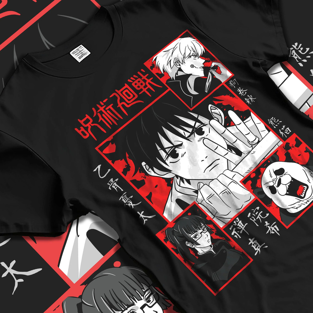 Black T-shirt laid flat with natural folds featuring Yuta Okkotsu Jujutsu Kaisen cursed power artwork.