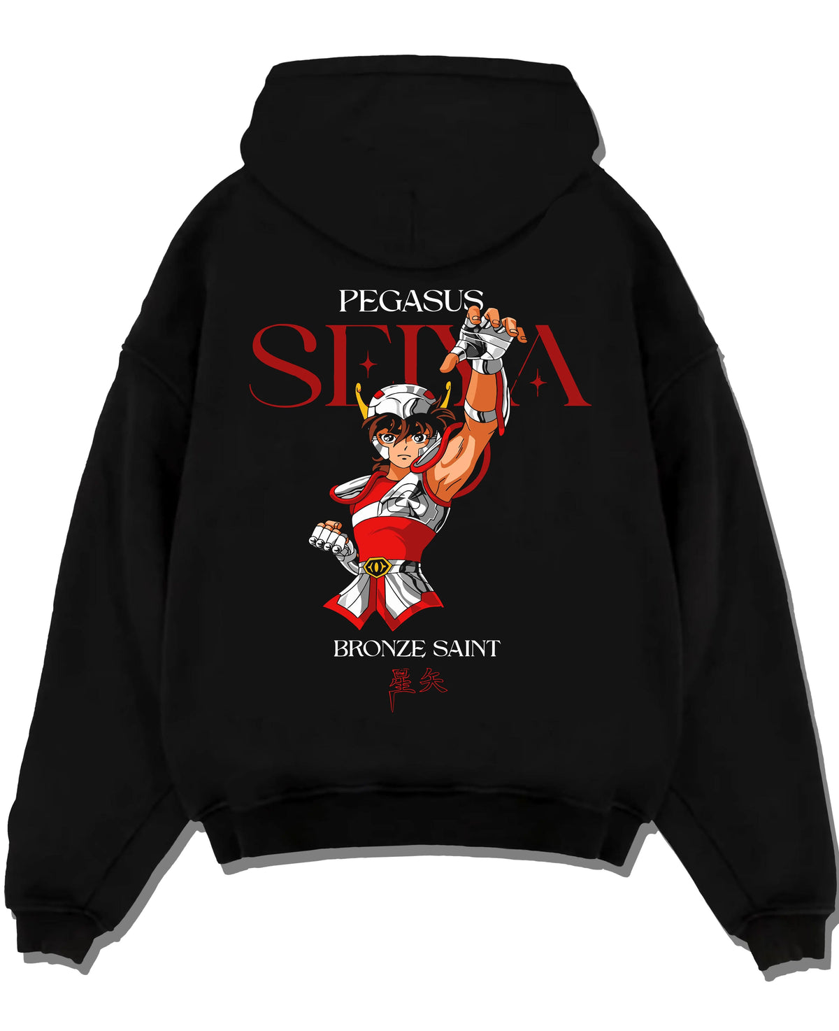 Black hoodie laid flat featuring Pegasus Seiya Saint Seiya Bronze Saint cosmos artwork.
