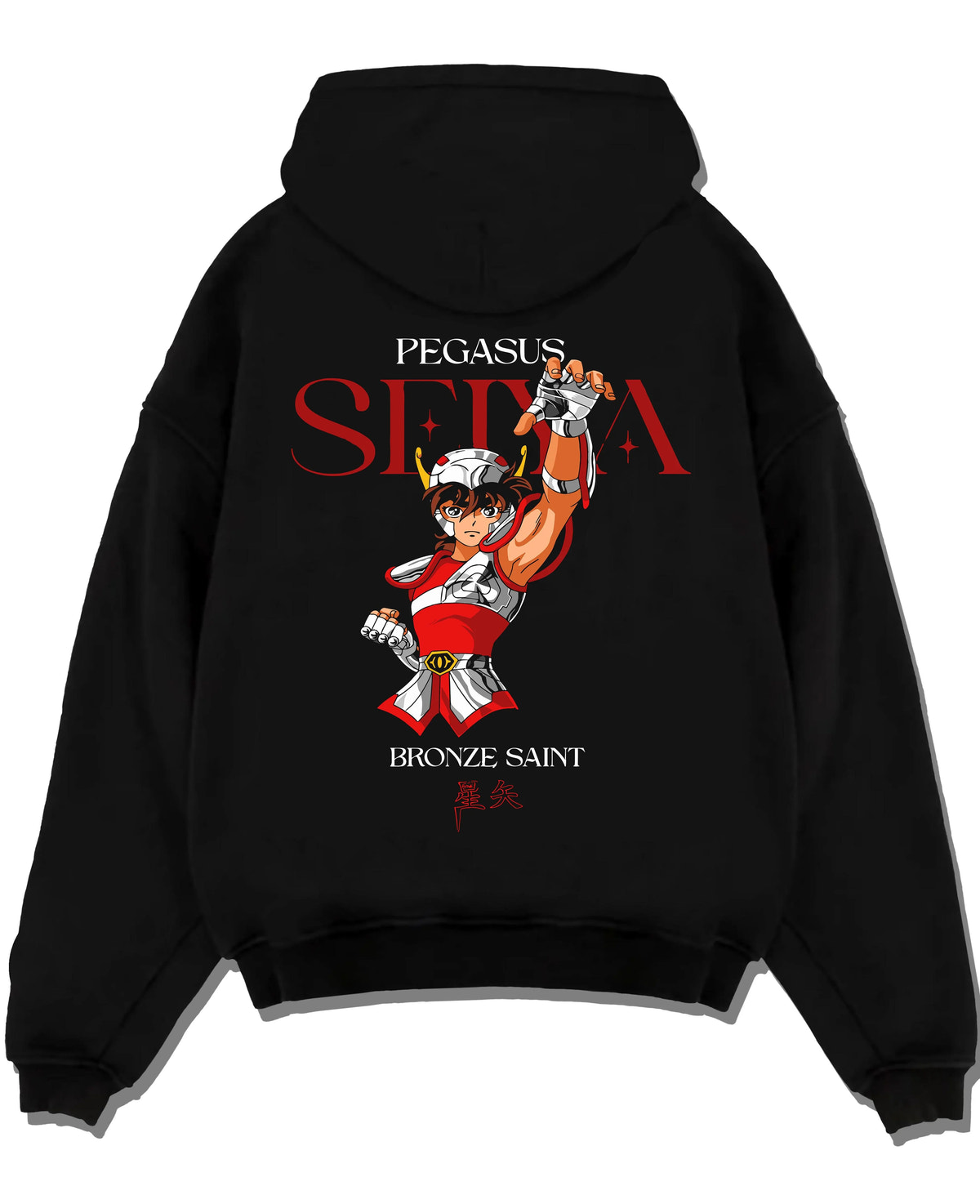 Black hoodie laid flat featuring Pegasus Seiya Saint Seiya Bronze Saint cosmos artwork.