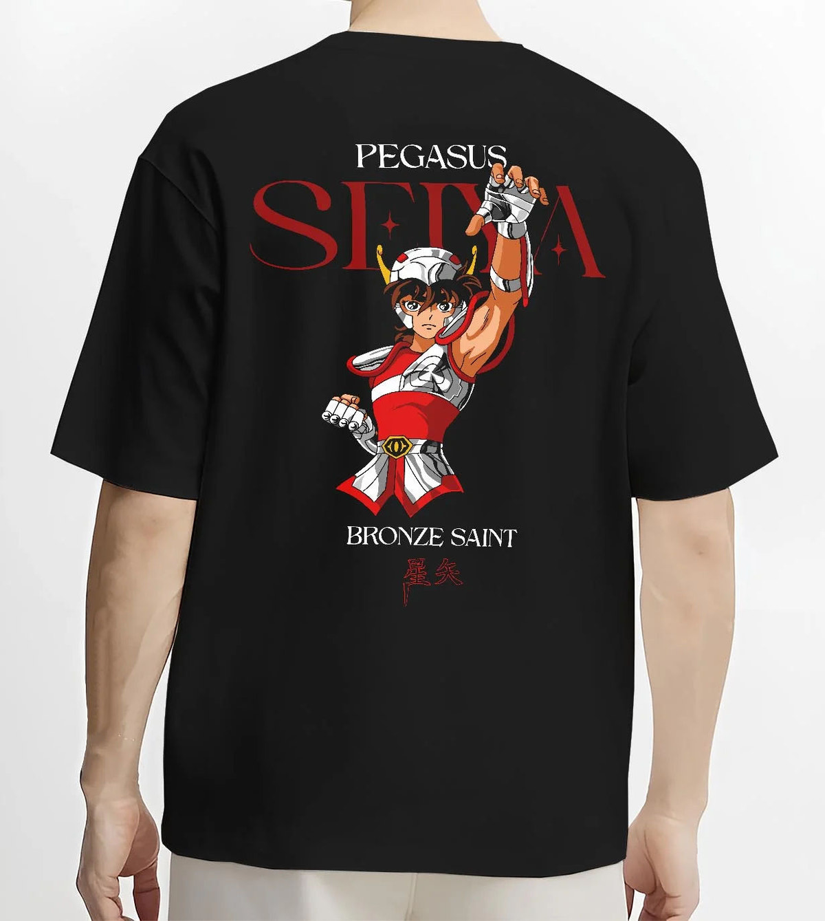 Black T-shirt worn by male model from the back featuring Pegasus Seiya Saint Seiya Bronze Saint cosmos artwork.