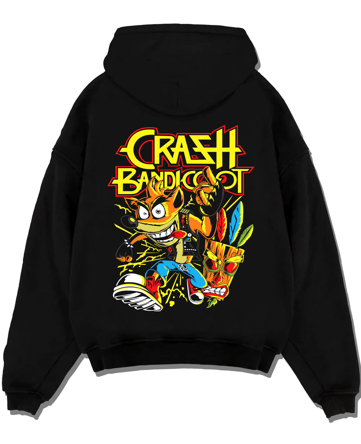 Black hoodie laid flat featuring Crash Bandicoot retro gaming spin action artwork.