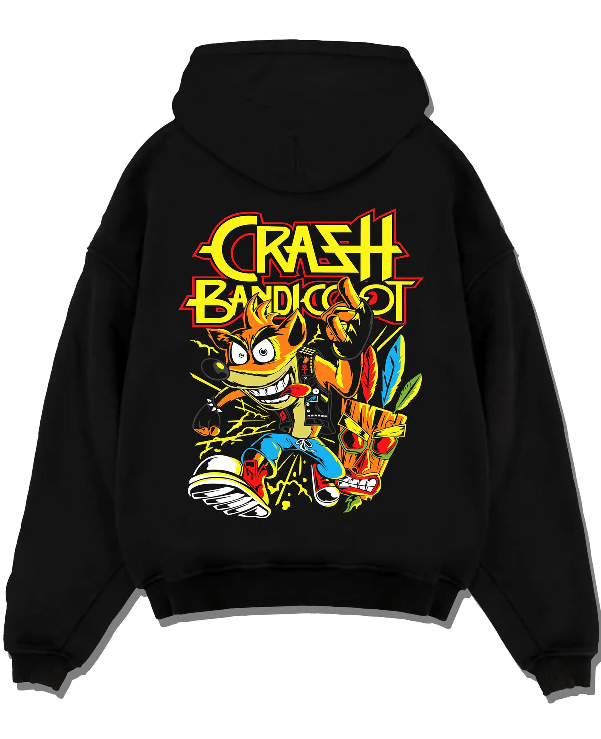 Black hoodie laid flat featuring Crash Bandicoot retro gaming spin action artwork.