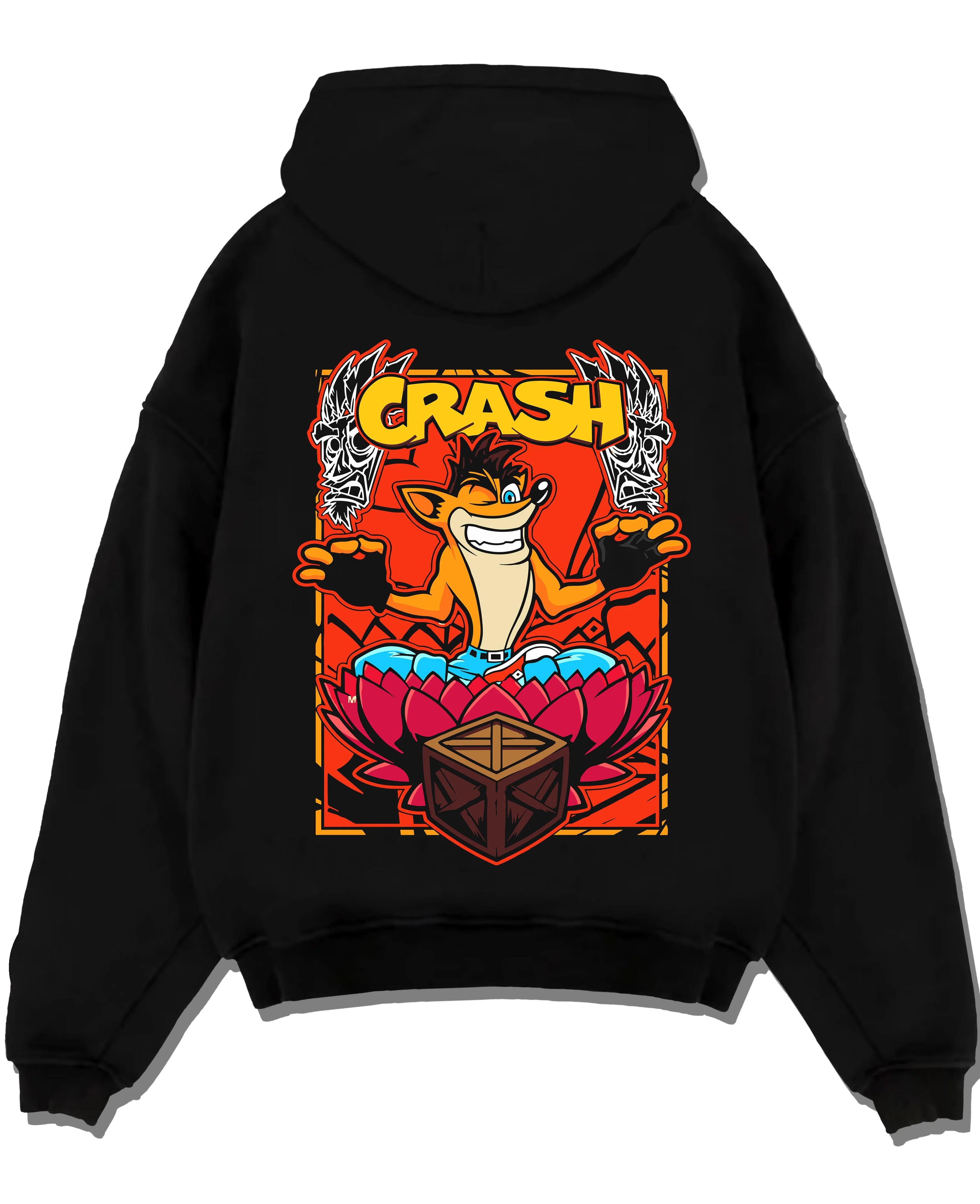Black pullover hoodie laid flat with Crash Bandicoot Hoodie Retro Gamer 90s Cartoon Print graphic bold anime graphic.