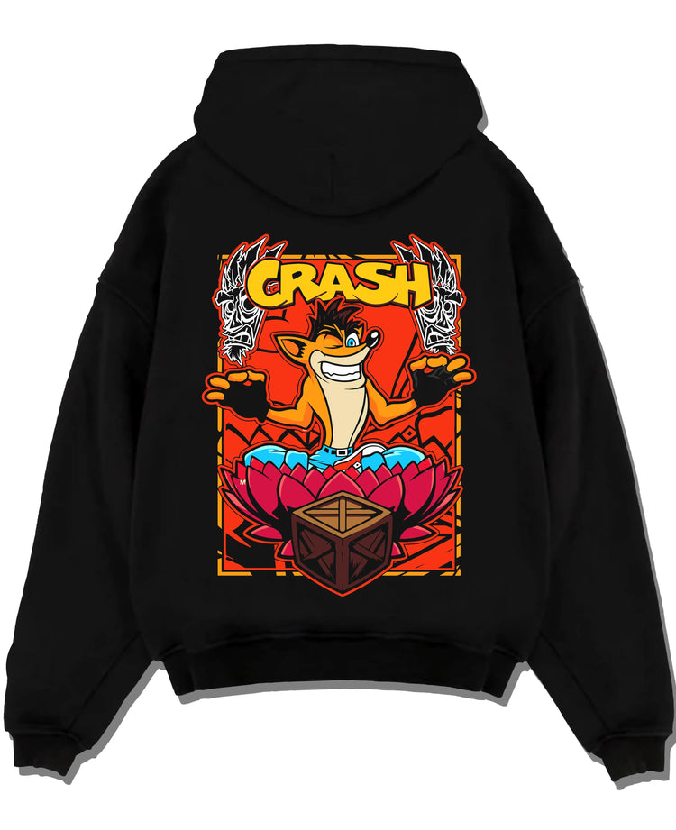Black pullover hoodie laid flat with Crash Bandicoot Hoodie Retro Gamer 90s Cartoon Print graphic bold anime graphic.