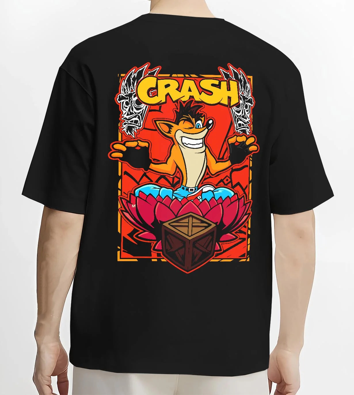 Black T-shirt worn by male model, back view with Crash Bandicoot Hoodie Retro Gamer 90s Cartoon Print graphic streetwear graphic.