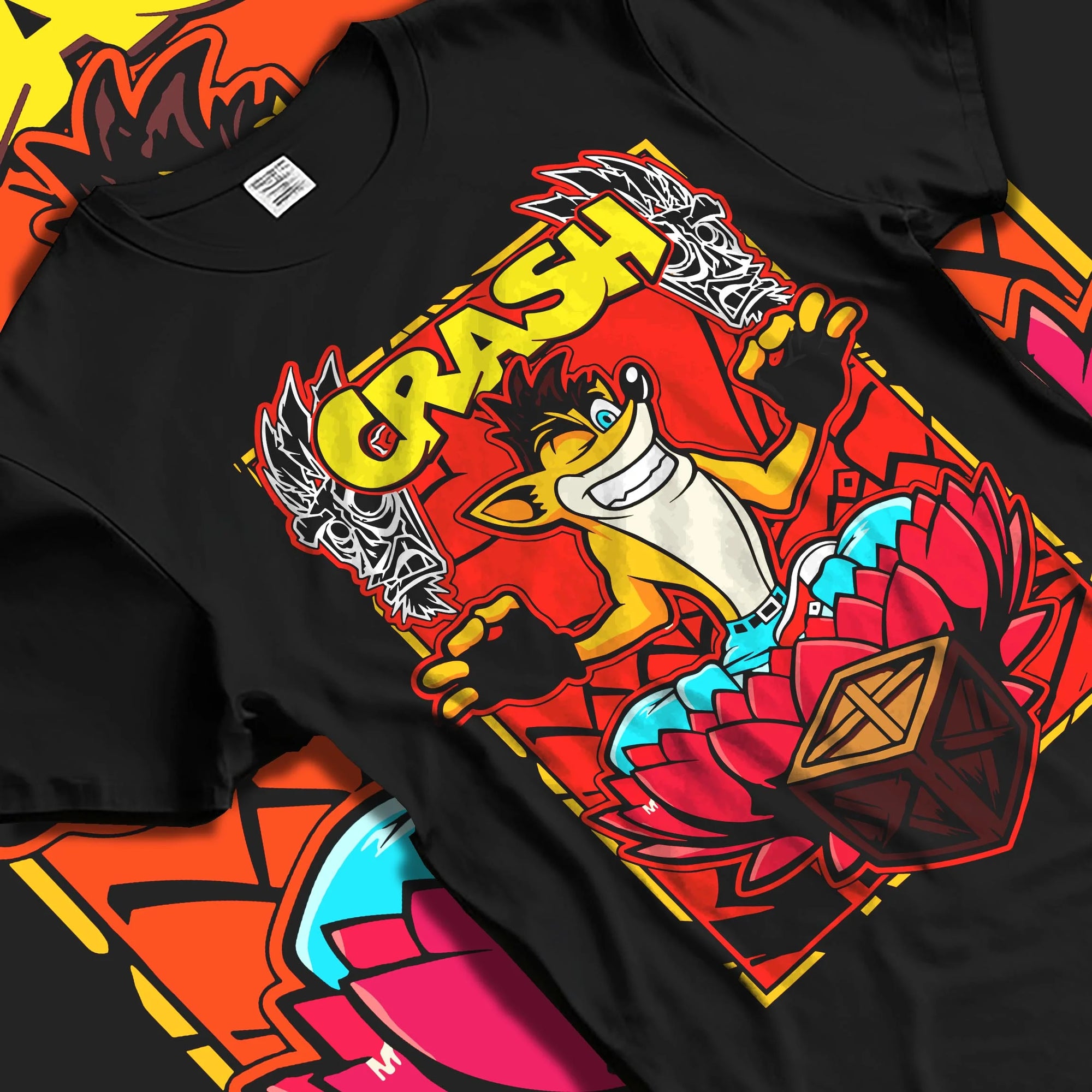 Black T-shirt laid flat with natural folds with Crash Bandicoot Hoodie Retro Gamer 90s Cartoon Print graphic bold anime graphic.