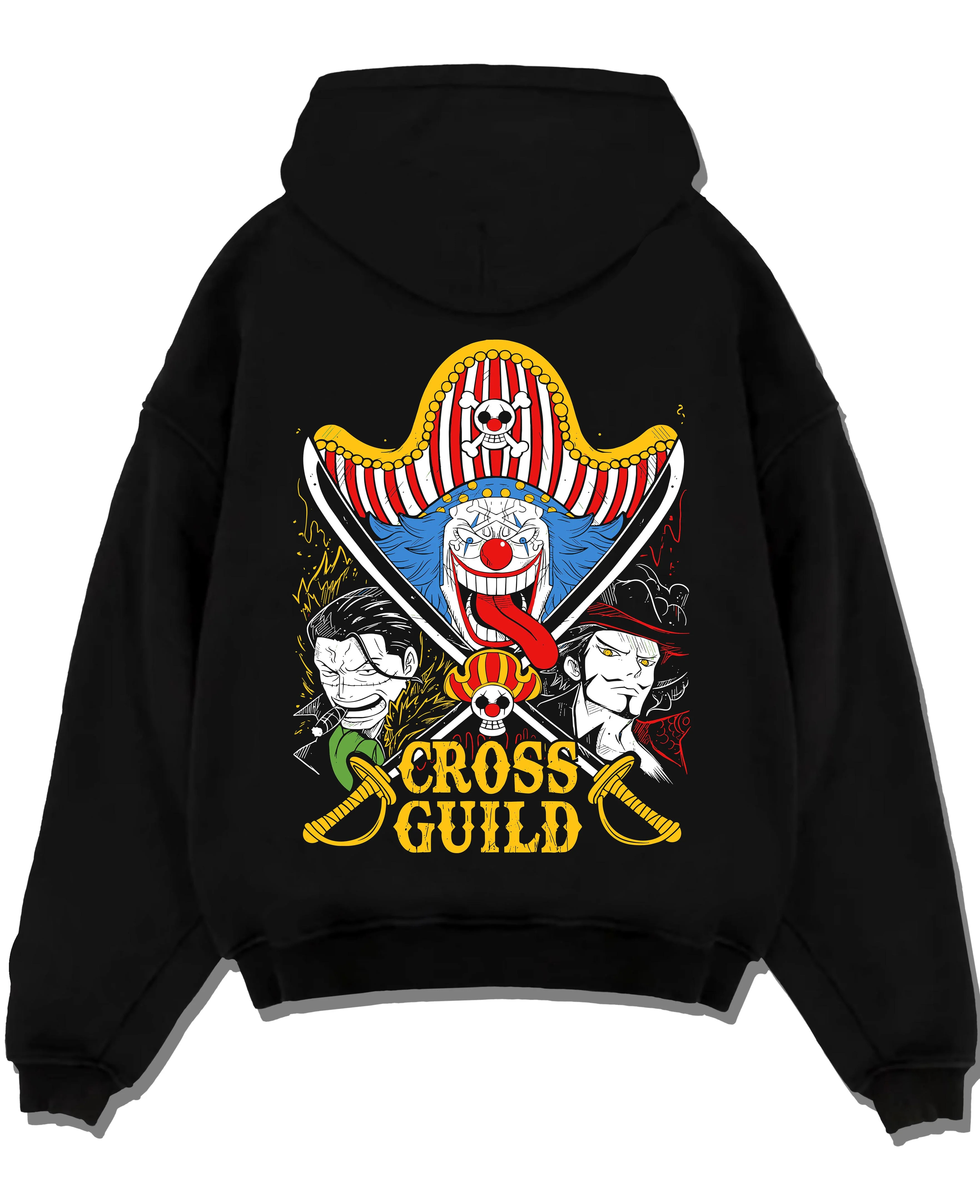 Black pullover hoodie laid flat with Cross Guild Hoodie One Piece Buggy Mihawk Crocodile graphic bold anime graphic.