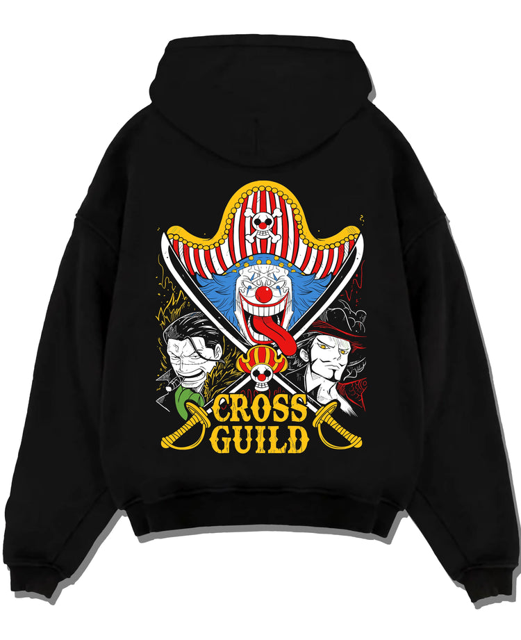 Black pullover hoodie laid flat with Cross Guild Hoodie One Piece Buggy Mihawk Crocodile graphic bold anime graphic.