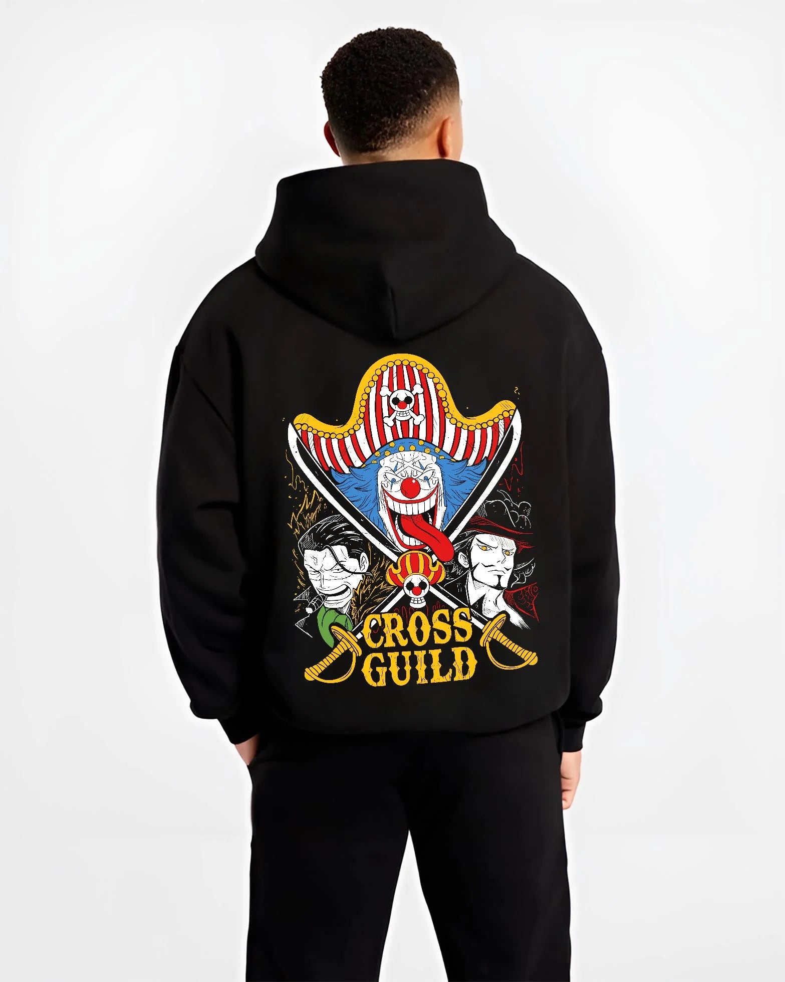 Black hoodie worn by male model, back view with Cross Guild Hoodie One Piece Buggy Mihawk Crocodile graphic bold anime graphic.