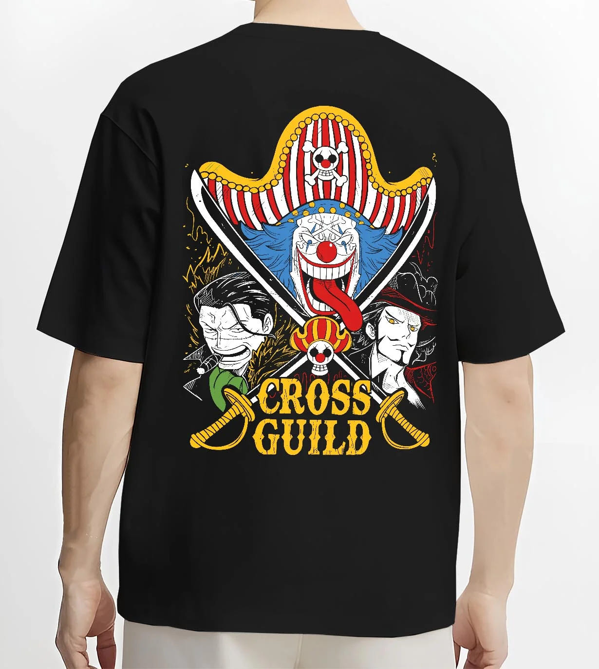 Black T-shirt worn by male model, back view with Cross Guild Hoodie One Piece Buggy Mihawk Crocodile graphic premium wear.