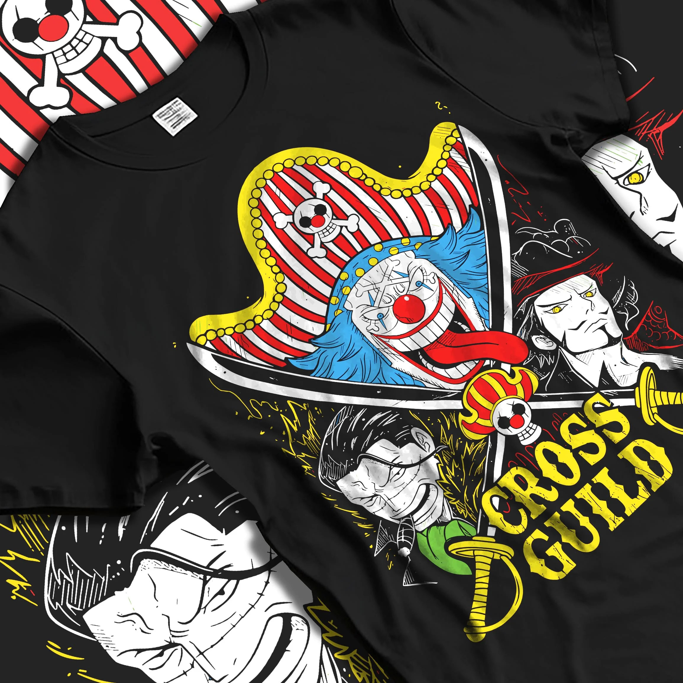 Black T-shirt laid flat with natural folds with Cross Guild Hoodie One Piece Buggy Mihawk Crocodile graphic streetwear graphic.