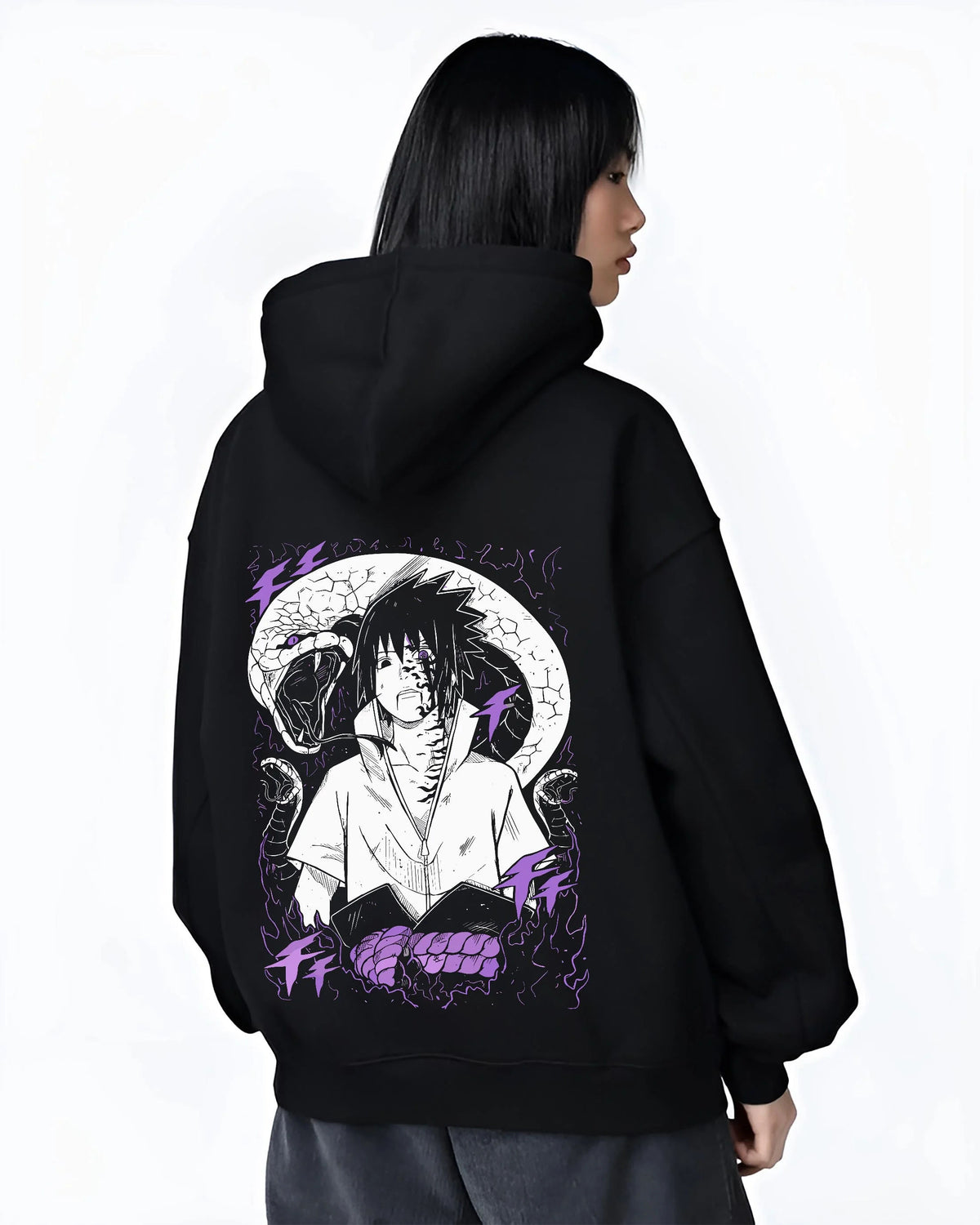 Black hoodie worn by female model from the back featuring Sasuke Uchiha Naruto curse mark power artwork.