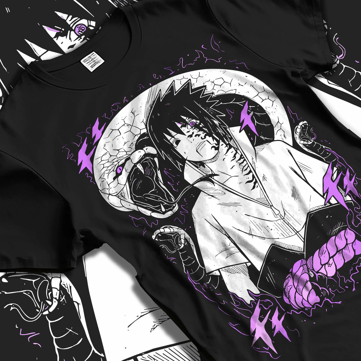 Black T-shirt laid flat with natural folds featuring Sasuke Uchiha Naruto curse mark power artwork.