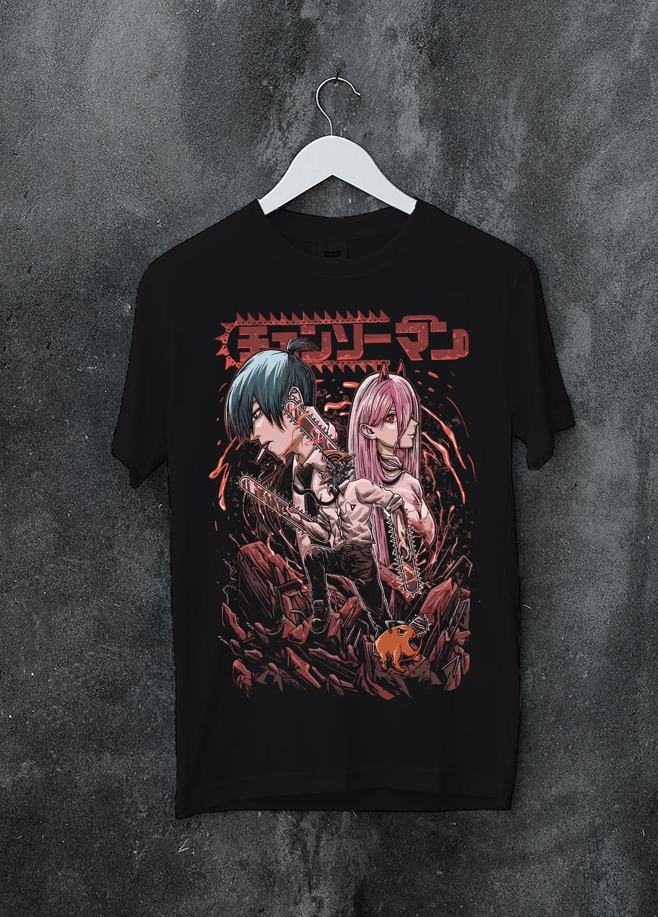 Black crewneck sweatshirt on a hanger against a grey wall, featuring Chainsaw Man anime poster artwork with Power and Aki in bold distressed manga style.