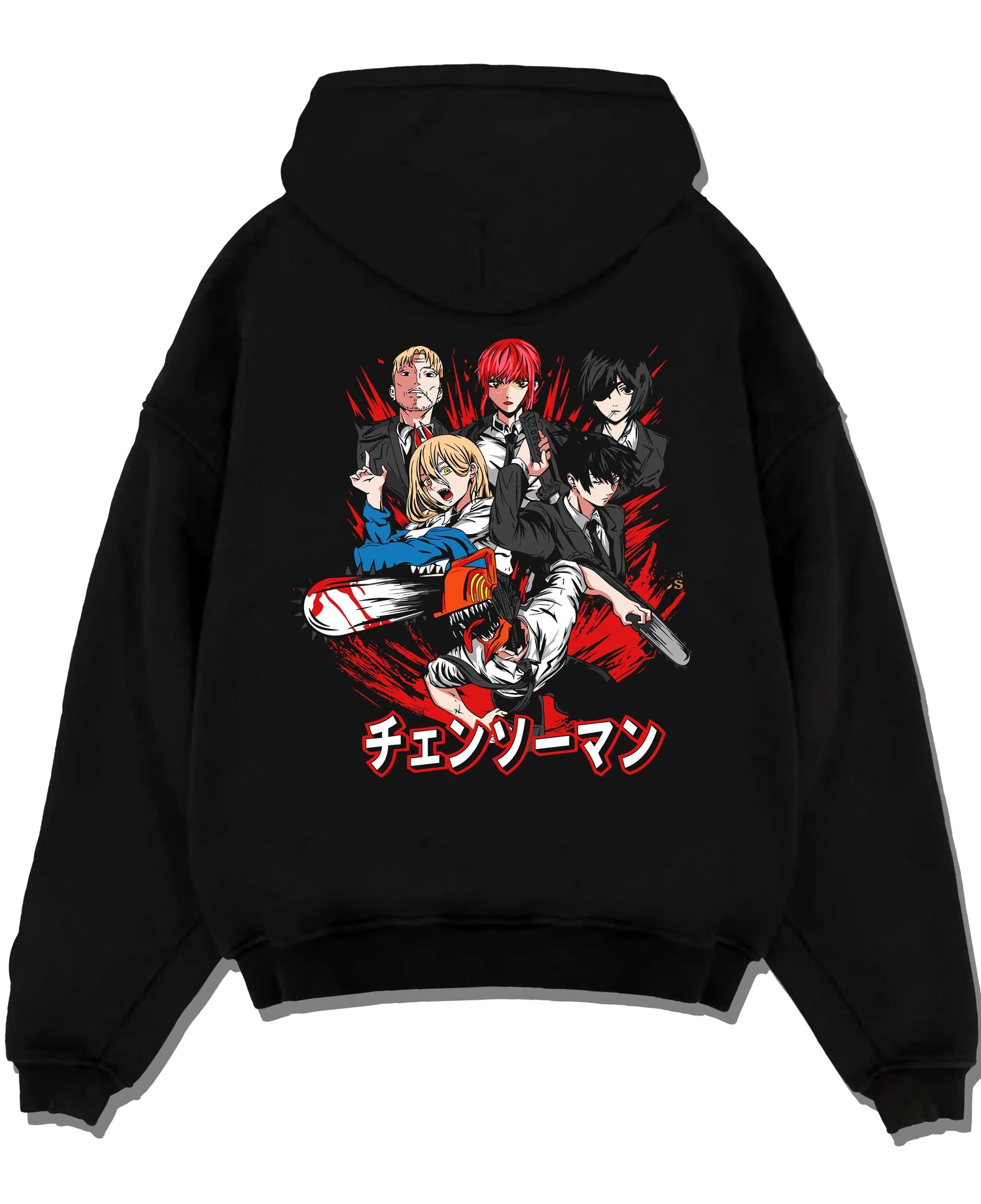 Black pullover hoodie laid flat with Chainsaw Man Hoodie Katana Man Devil Hunter Villain graphic premium wear.