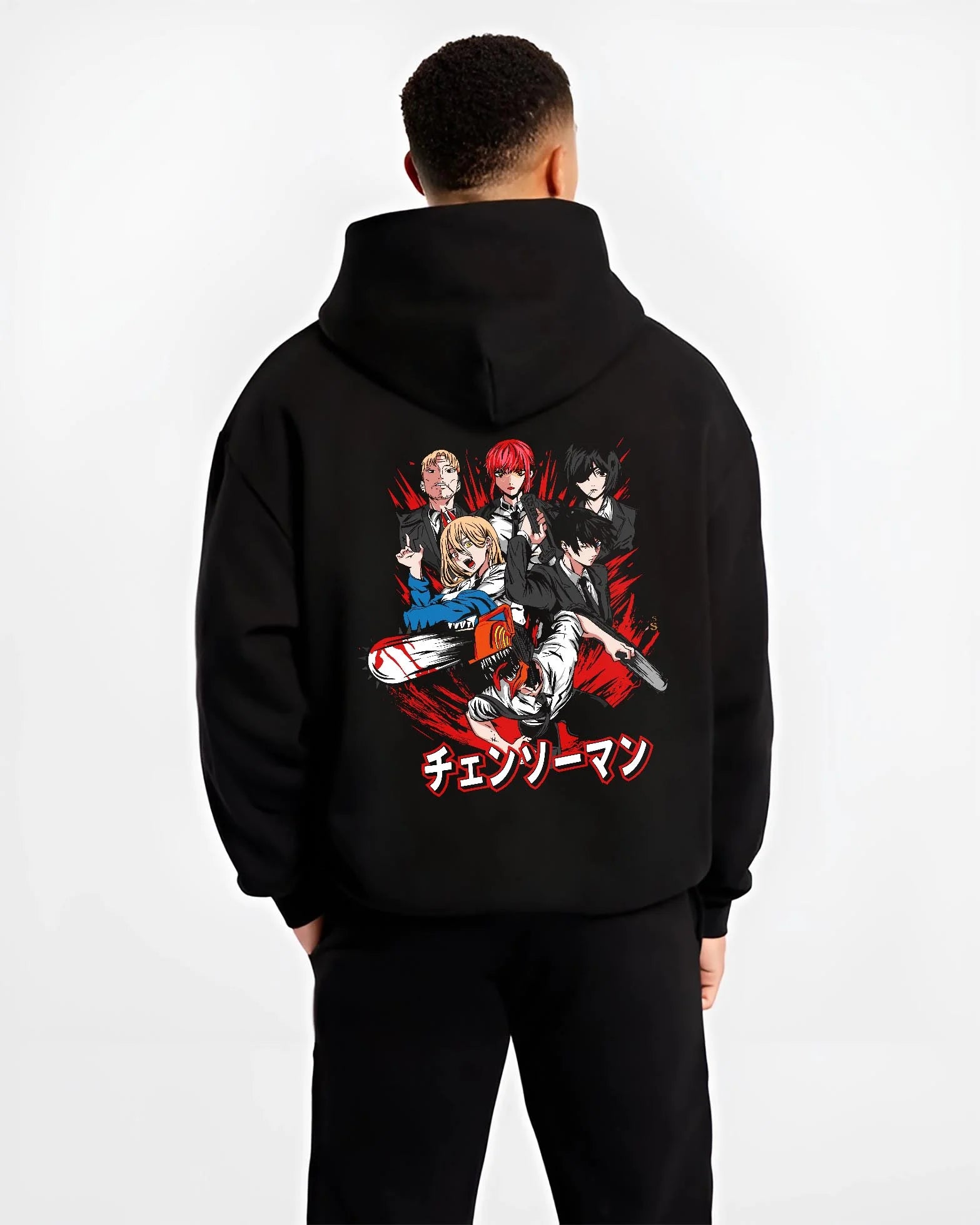 Black hoodie worn by male model, back view with Chainsaw Man Hoodie Katana Man Devil Hunter Villain graphic premium wear.