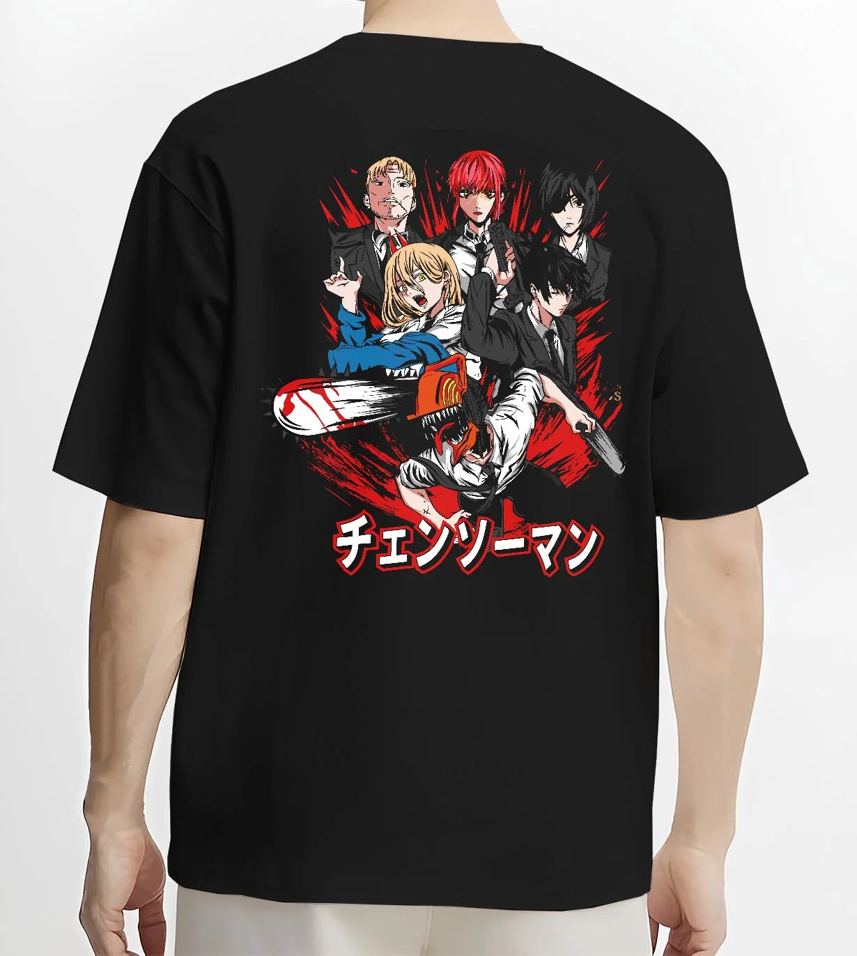 Black T-shirt worn by male model, back view with Chainsaw Man Hoodie Katana Man Devil Hunter Villain graphic streetwear graphic.