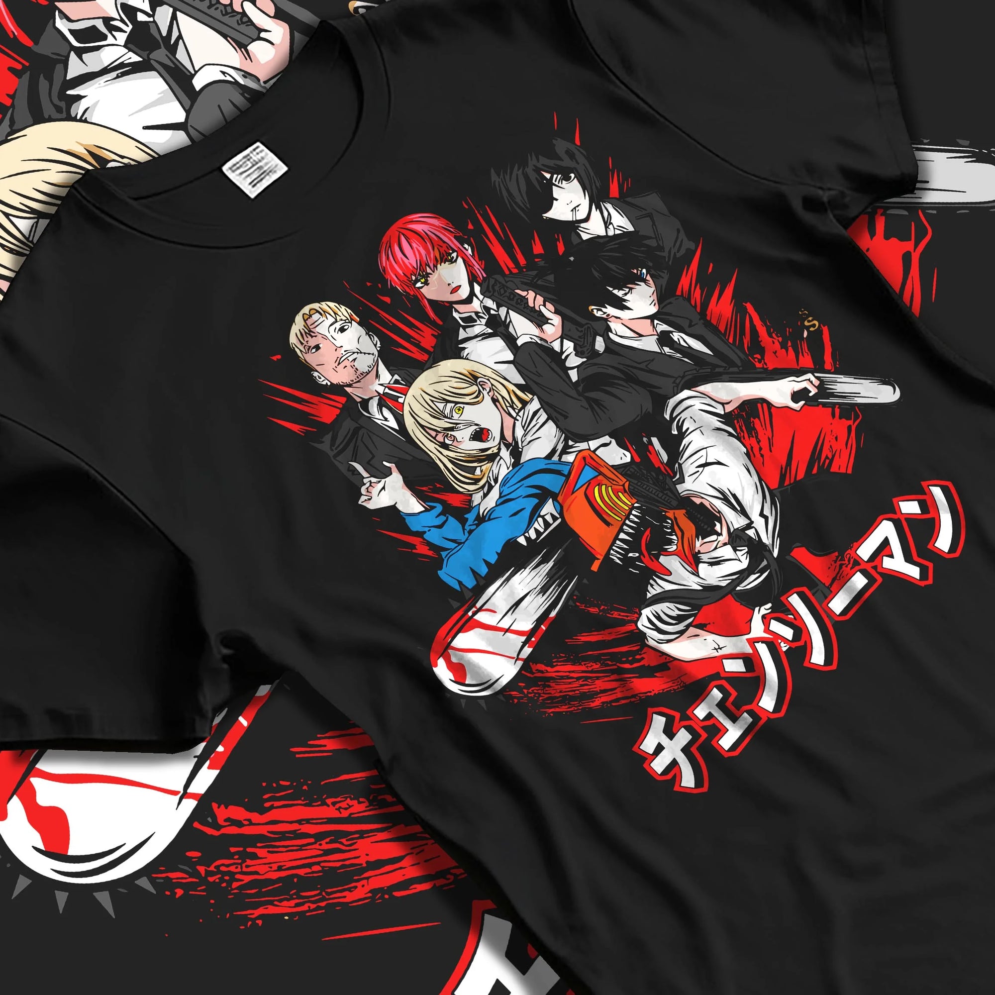 Black T-shirt laid flat with natural folds with Chainsaw Man Hoodie Katana Man Devil Hunter Villain graphic bold anime graphic.